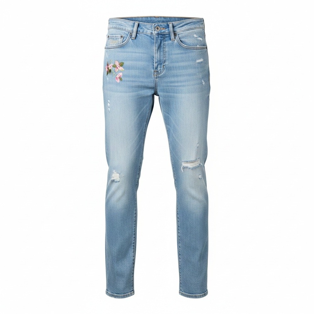 PRPS Demon Slim Fit Straignt Leg Floral Embroidered Distressed Jeans Indigo Wash